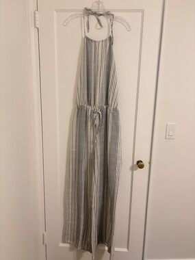 Aakaa Striped Halter Wide-Leg Jumpsuit in Cream and Gray